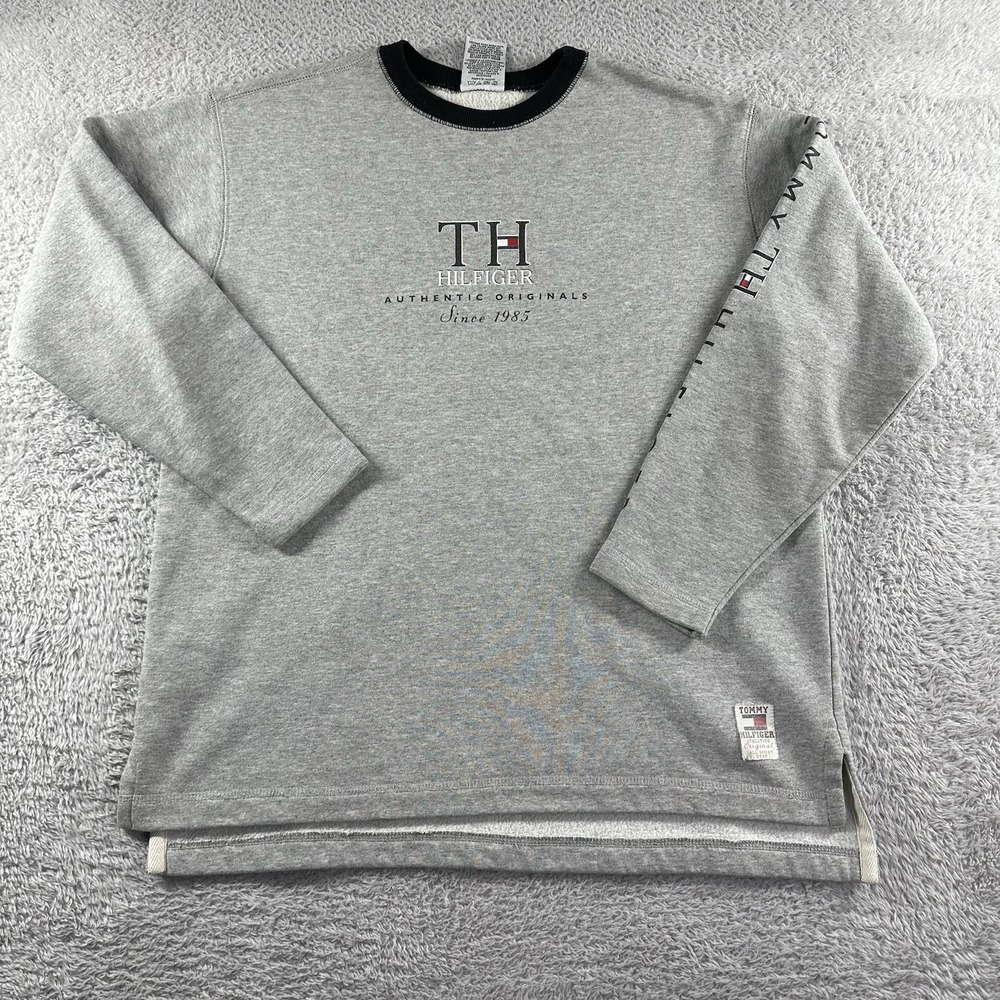 Vintage Tommy Hilfiger Crewneck Sweater Mens Medium Gray Spellout Boxy Logo‎